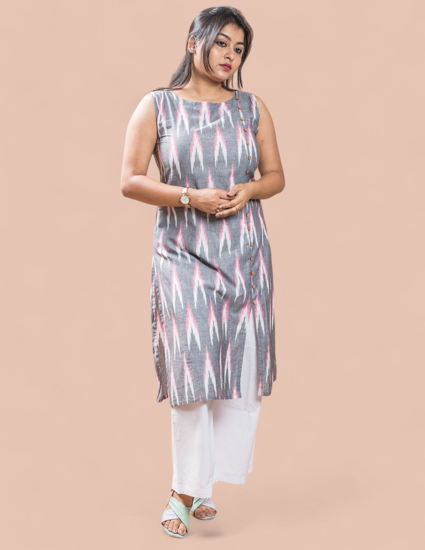 Grey Cotton Ikkat Regular Kurta