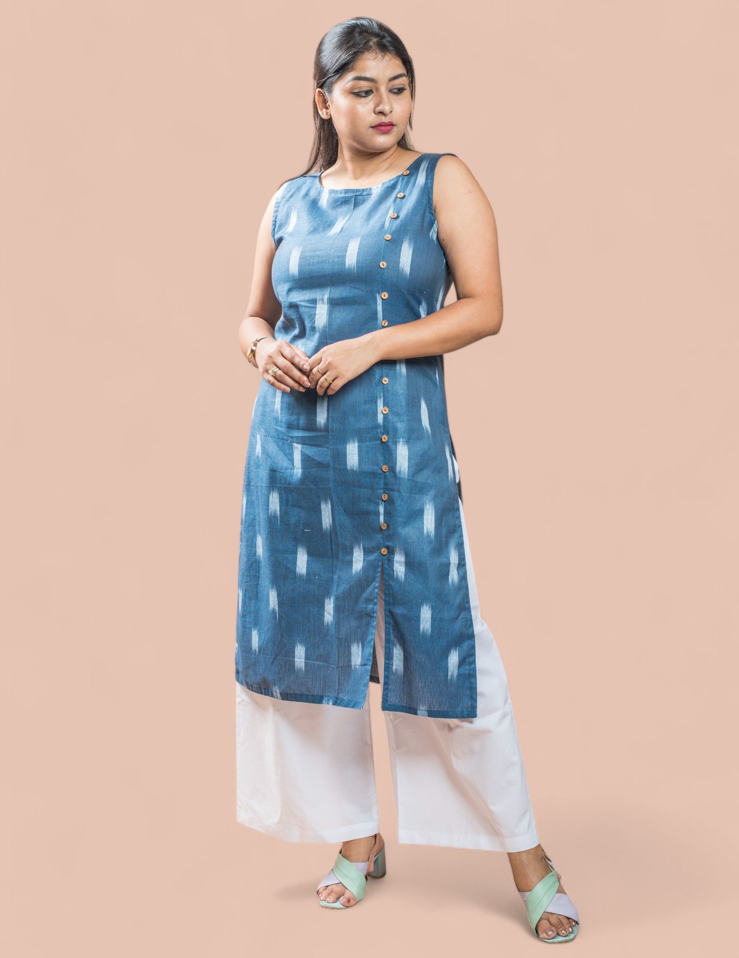 Blue Cotton Ikkat Regular Kurta