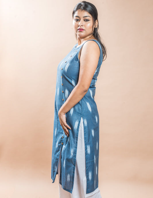 Blue Cotton Ikkat Regular Kurta