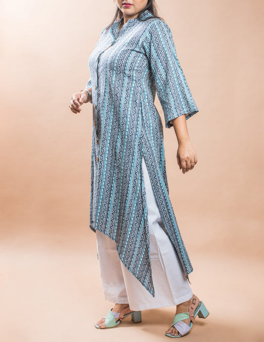 Blue Stripe Cotton Kantha Long Kurta