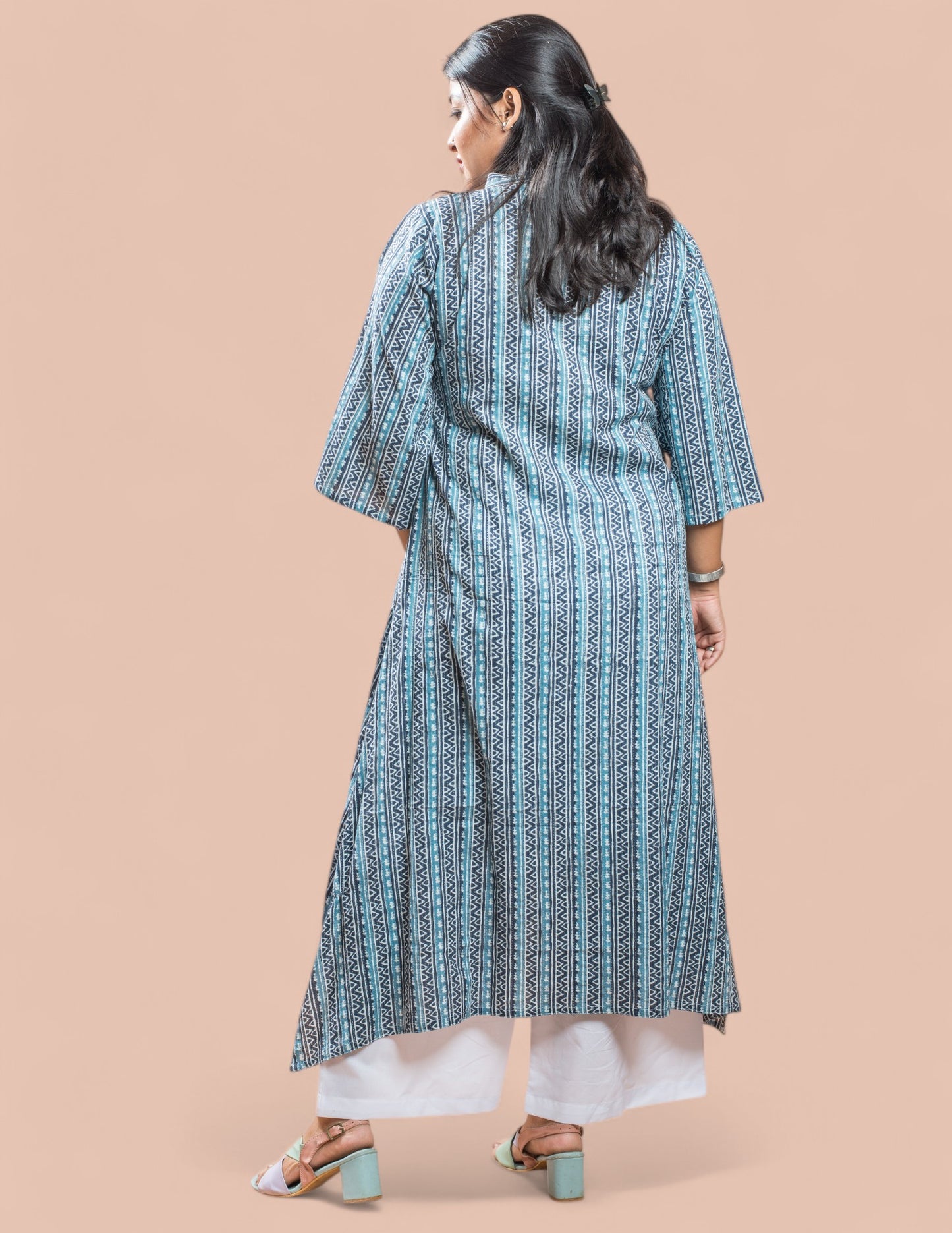 Blue Stripe Cotton Kantha Long Kurta