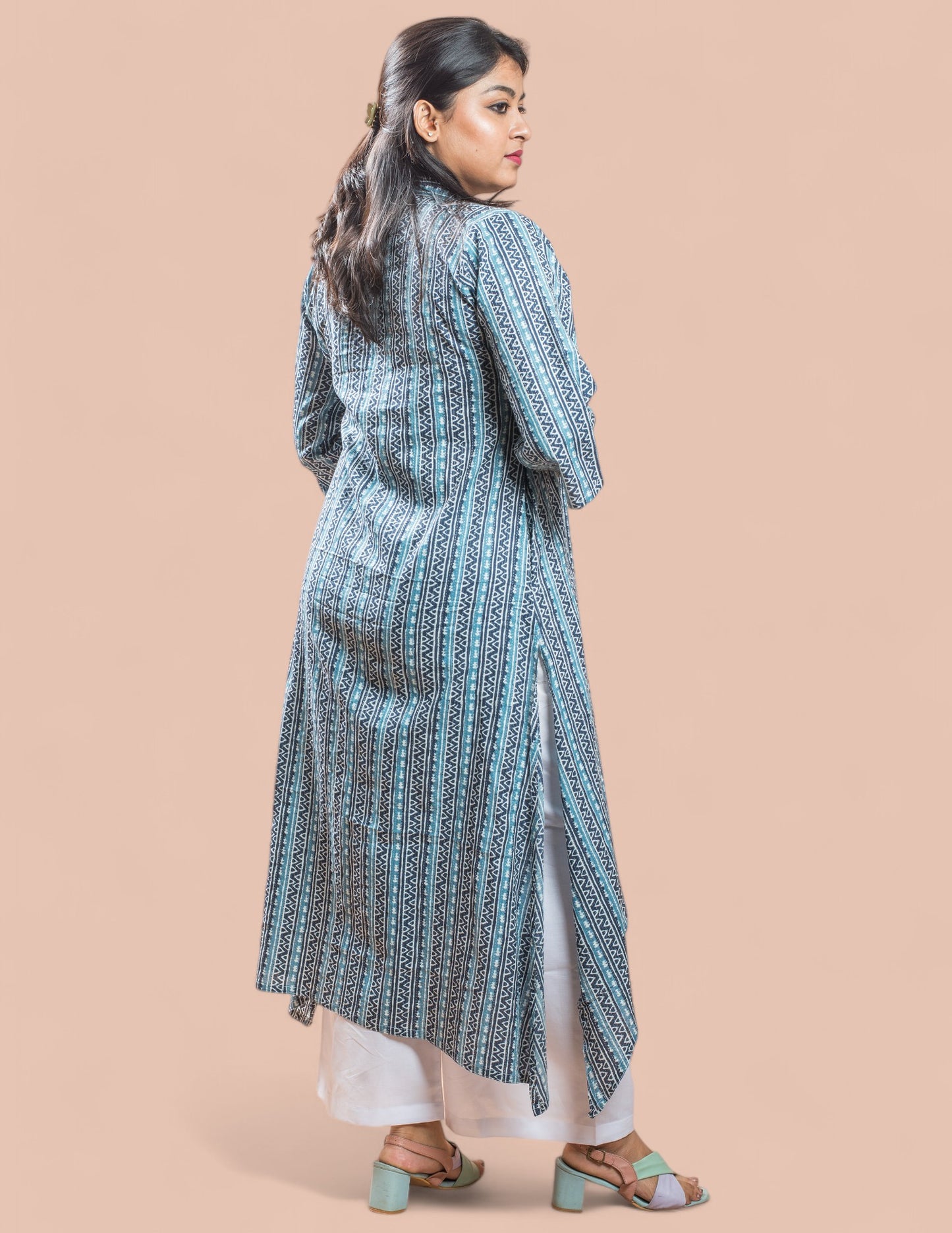 Blue Stripe Cotton Kantha Long Kurta