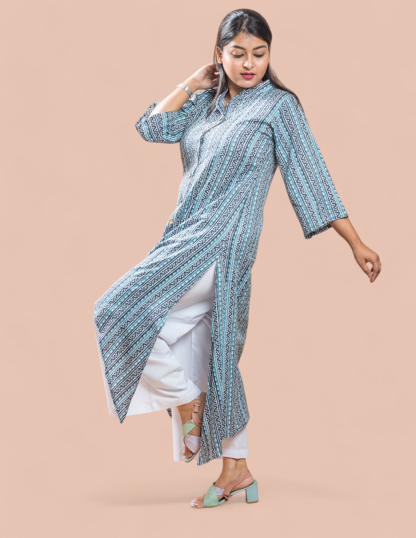 Blue Stripe Cotton Kantha Long Kurta