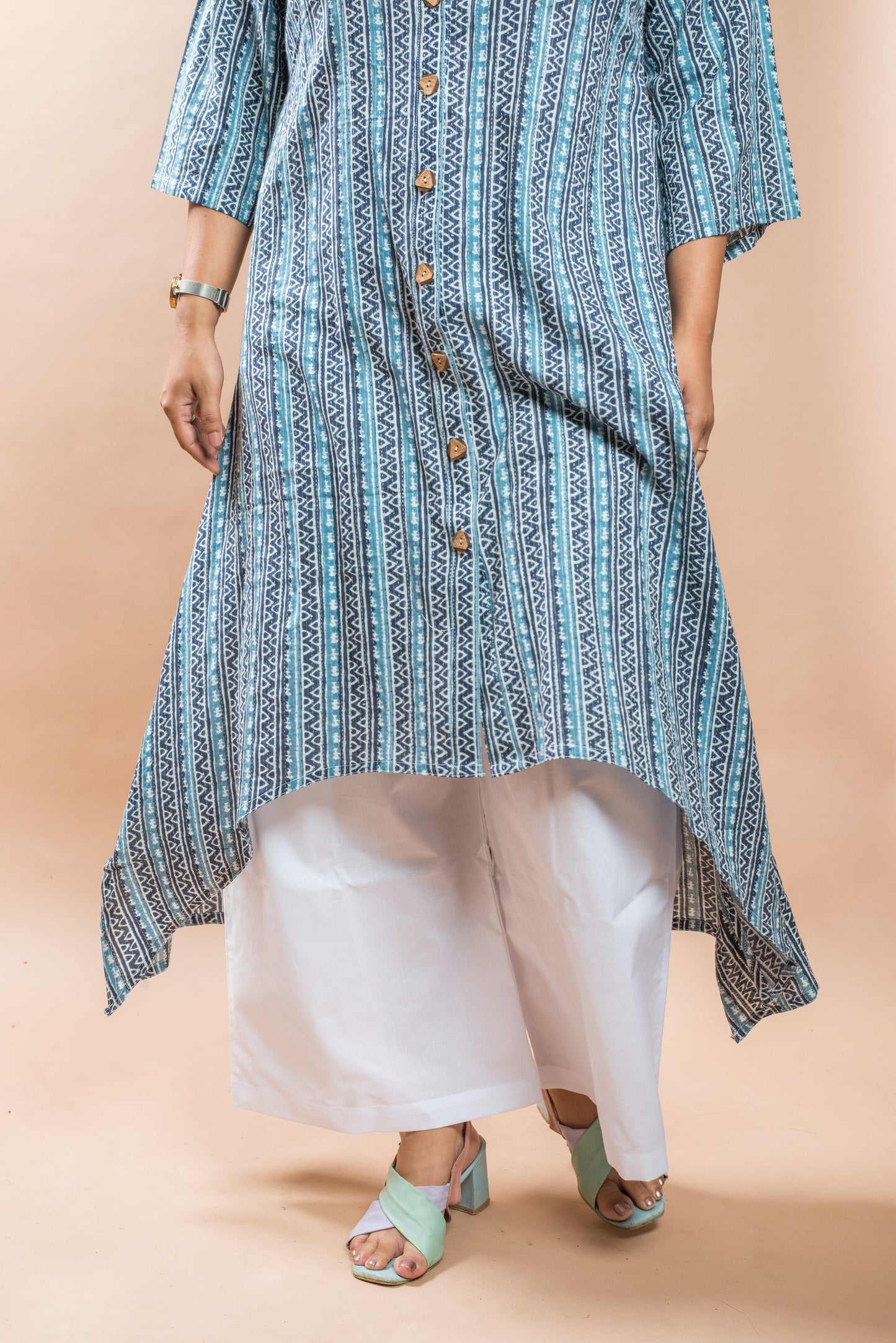 Blue Stripe Cotton Kantha Long Kurta