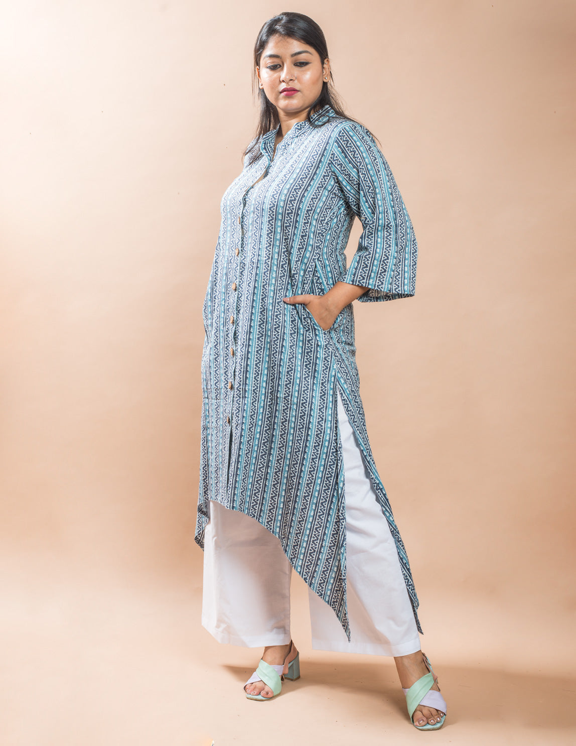 Blue Stripe Cotton Kantha Long Kurta