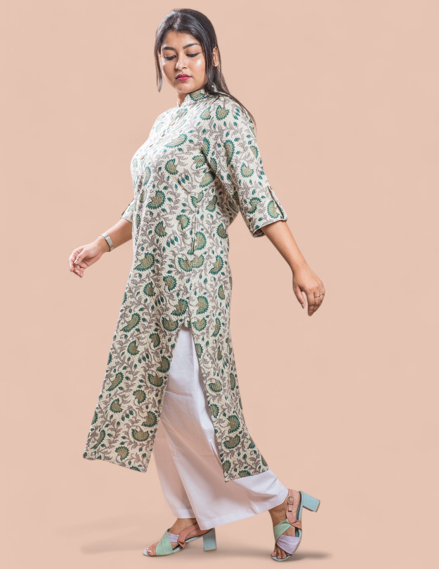 Beige Printed Cotton Kantha Long Kurta