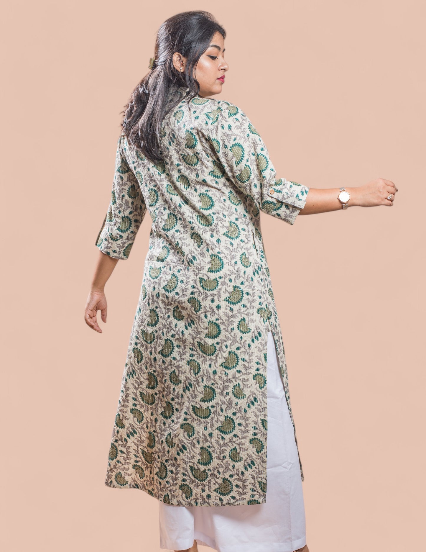 Beige Printed Cotton Kantha Long Kurta