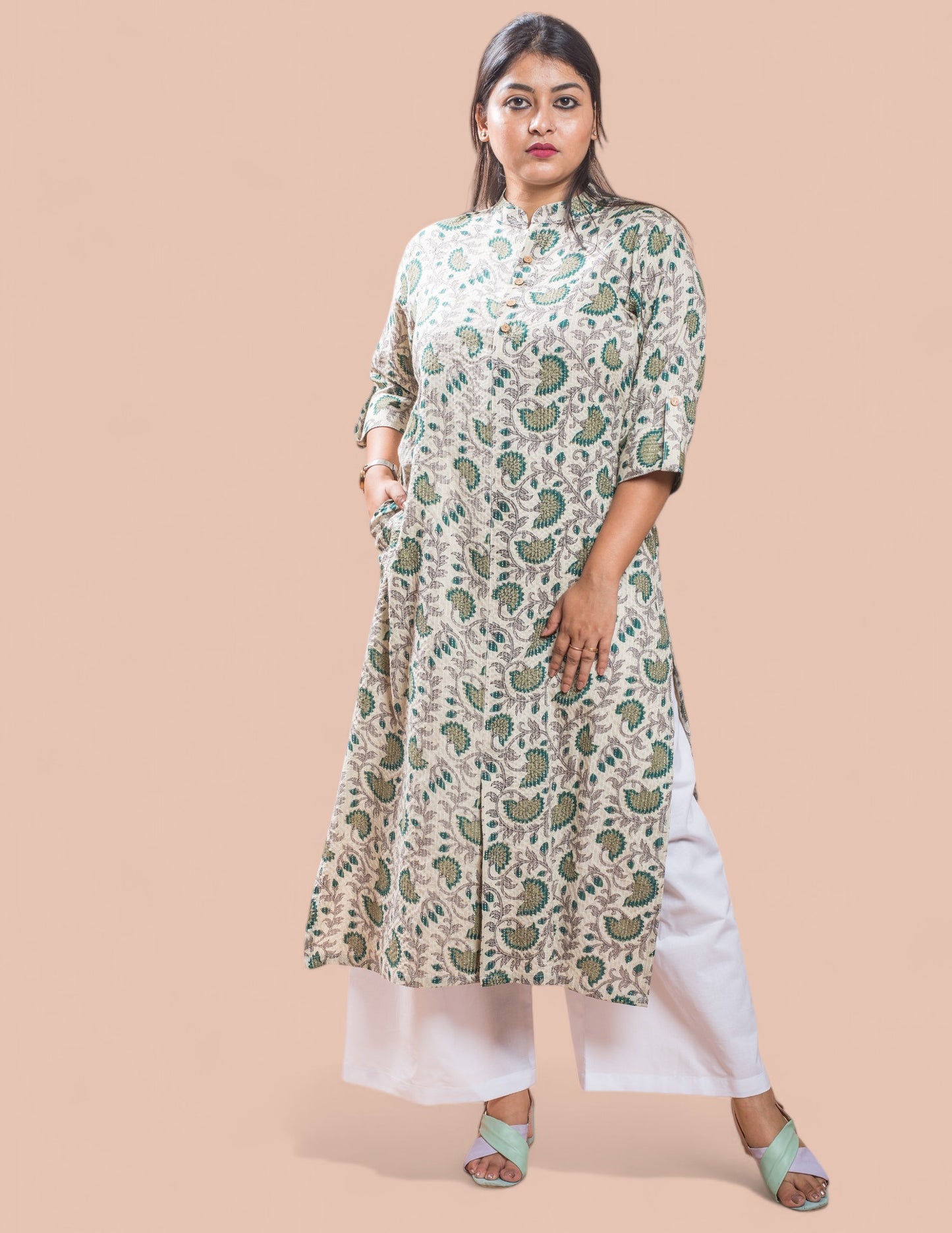 Beige Printed Cotton Kantha Long Kurta