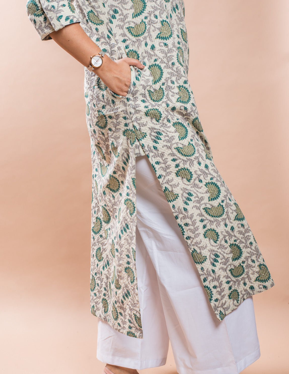 Beige Printed Cotton Kantha Long Kurta