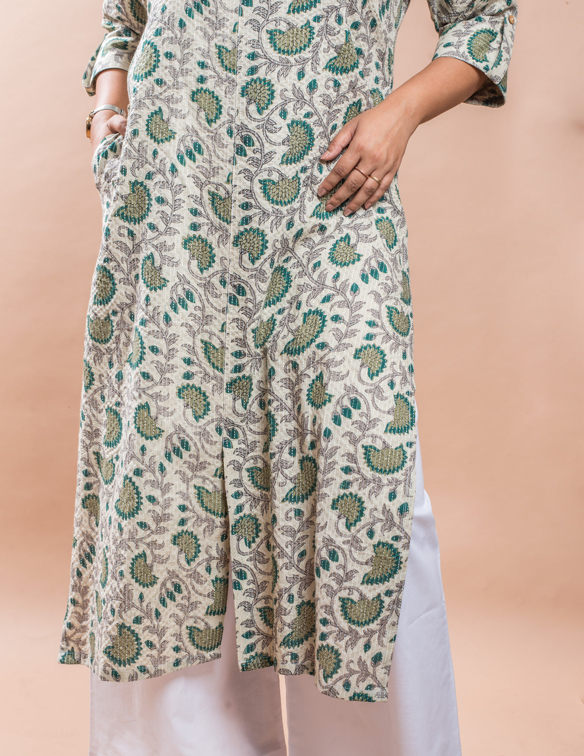 Beige Printed Cotton Kantha Long Kurta