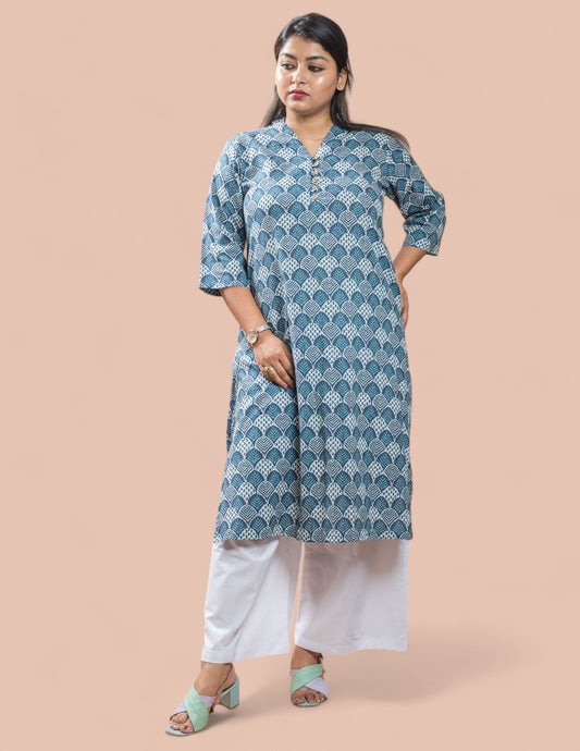 Blue Cotton Kantha Long Kurta