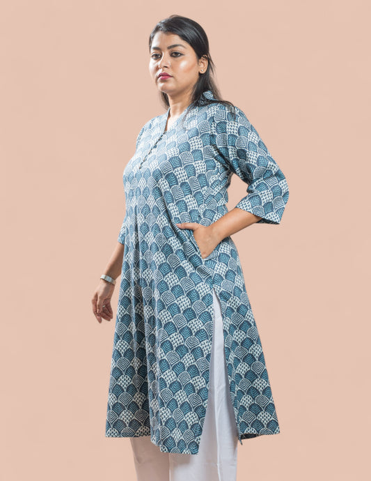 Blue Cotton Kantha Long Kurta