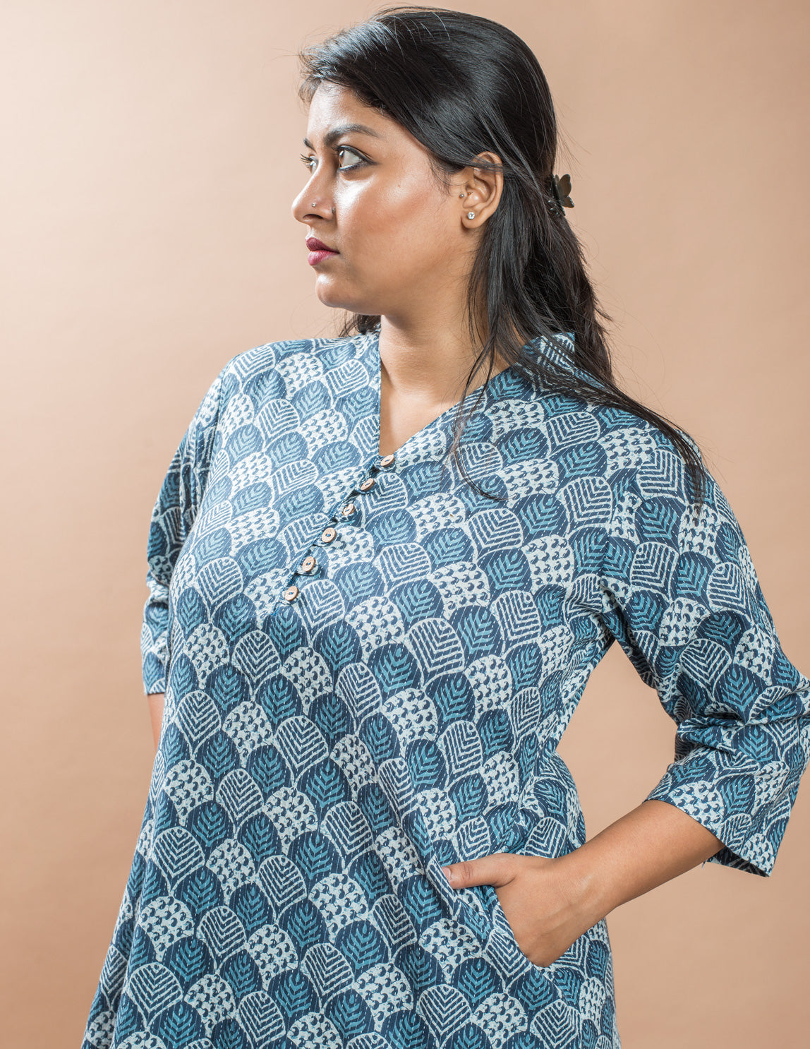 Blue Cotton Kantha Long Kurta