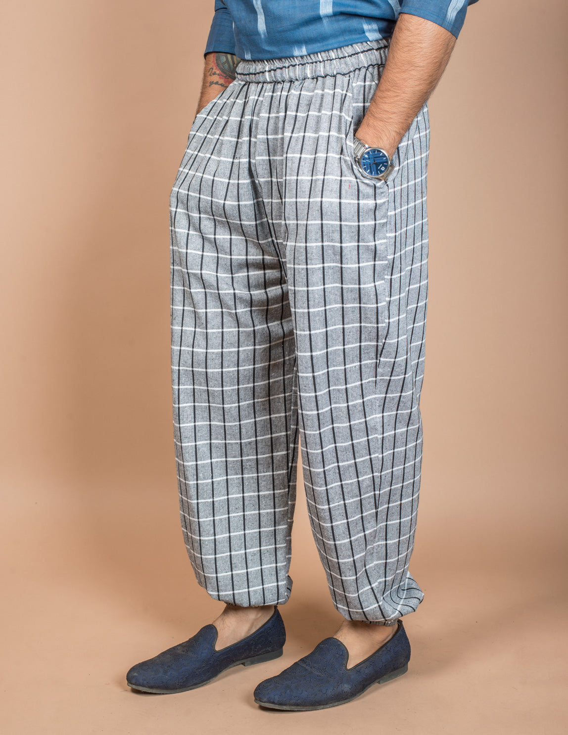 Grey Checked Cotton Harem Pant