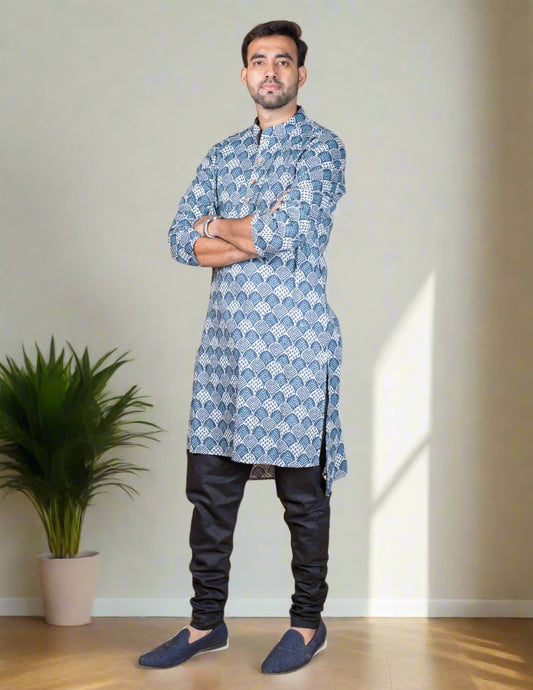 Indigo Block Printed Kantha Cotton Long Kurta