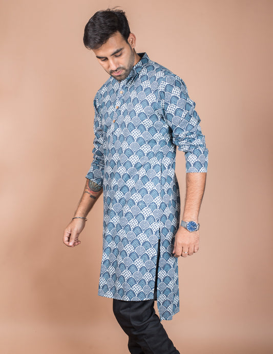 Indigo Block Printed Kantha Cotton Long Kurta