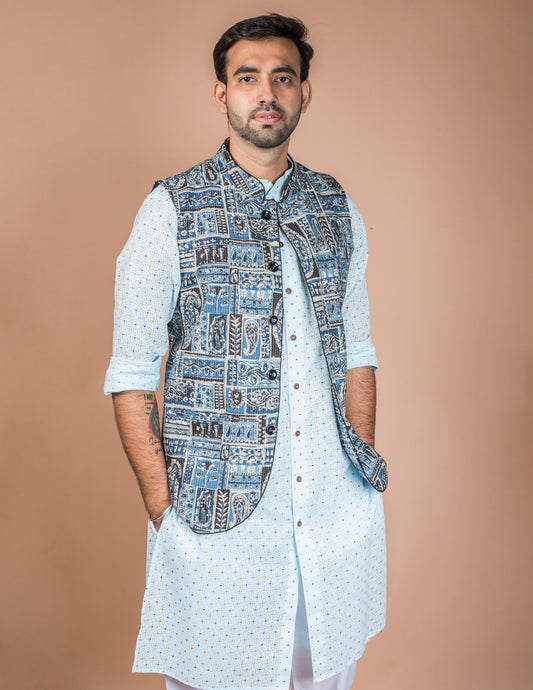 Blue Kantha Patch Nehru Jacket