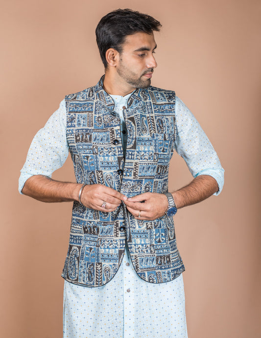 Blue Kantha Patch Nehru Jacket