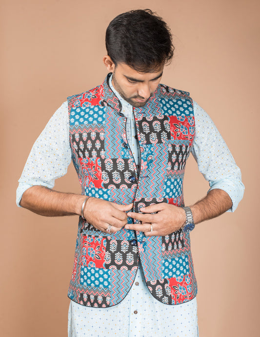 Multicolour Patch Cotton Nehru Jacket