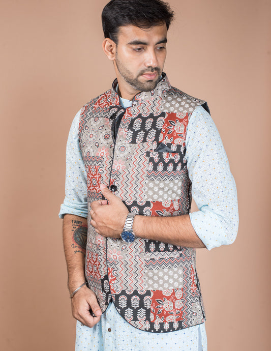 Multicolour Patch Cotton Nehru Jacket