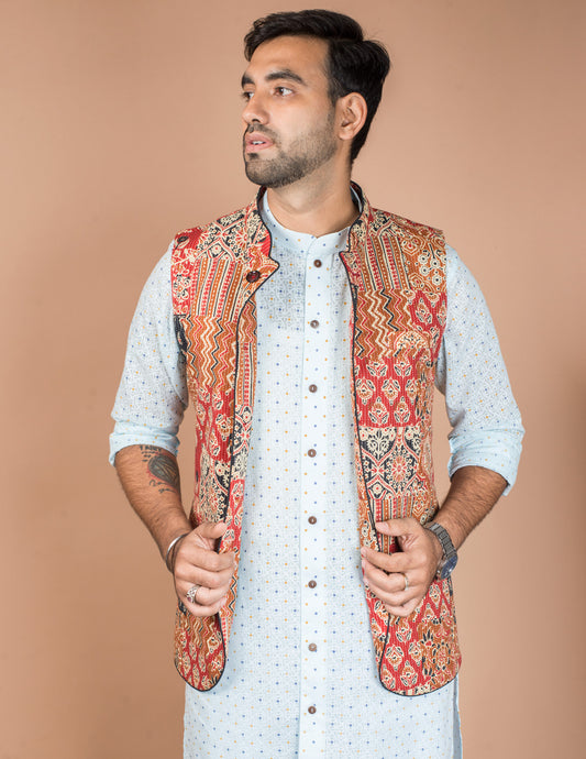 Red Kantha Patch Nehru Jacket