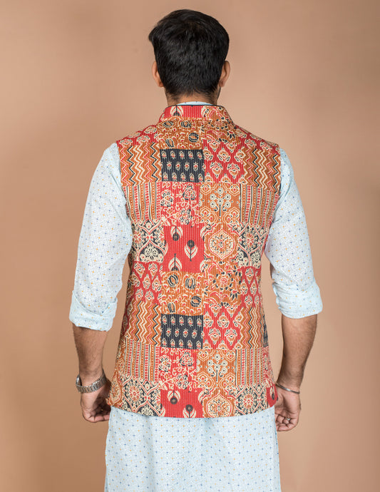 Red Kantha Patch Nehru Jacket