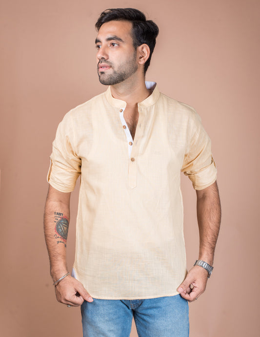 Beige Cotton Slub Short Kurta