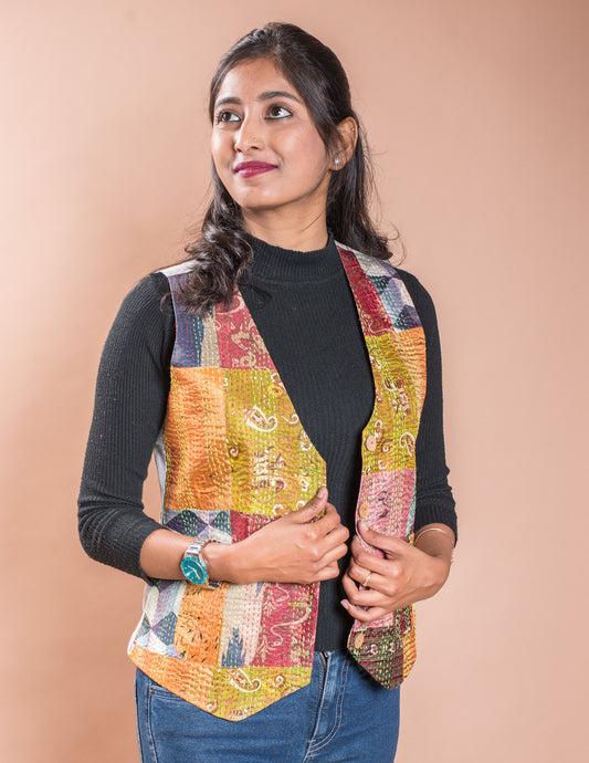 Kantha Patch V Neck Waistcoat / Jacket