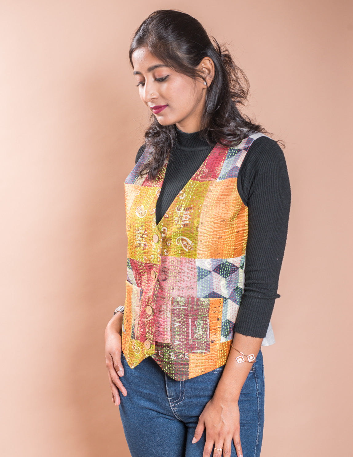 Kantha Patch V Neck Waistcoat / Jacket