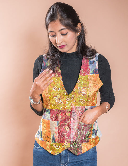 Kantha Patch V Neck Waistcoat / Jacket