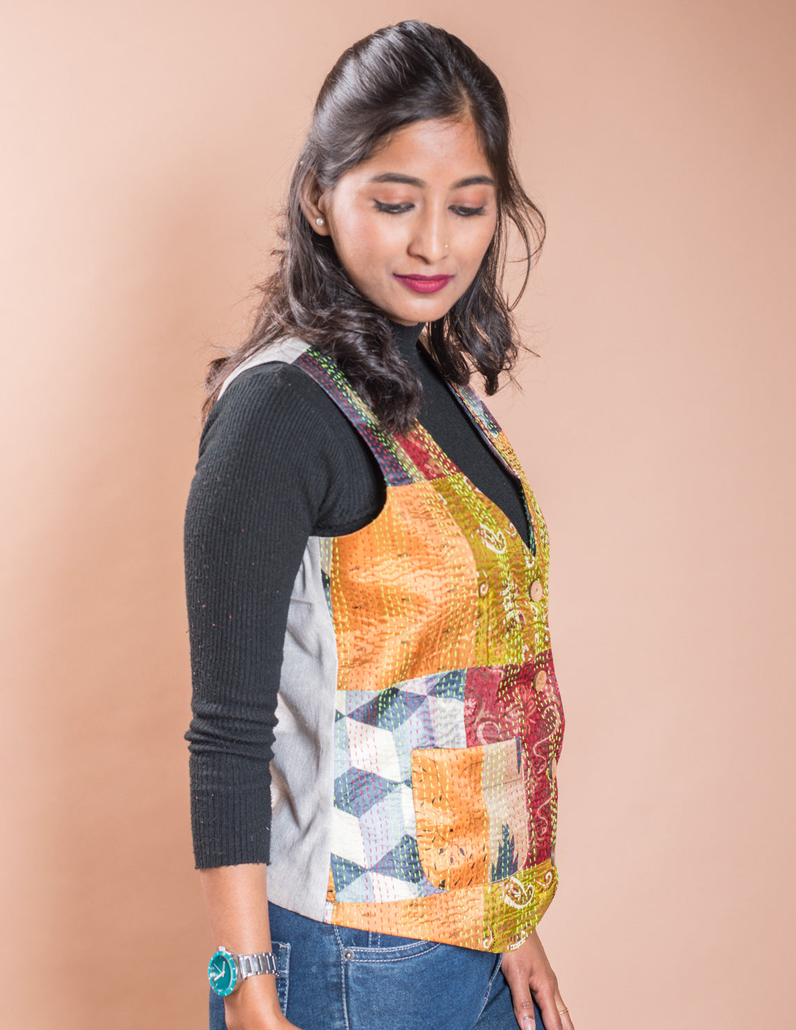 Kantha Patch V Neck Waistcoat / Jacket