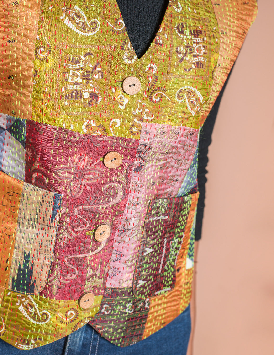 Kantha Patch V Neck Waistcoat / Jacket