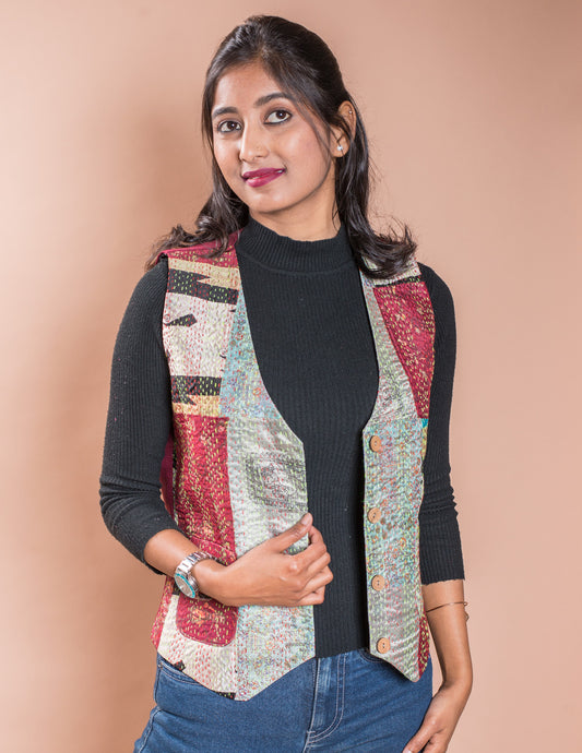 Kantha Patch V Neck Waistcoat / Jacket