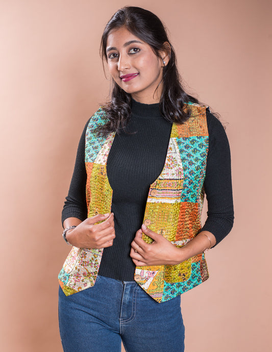 Multicolour Kantha Patch V Neck Waistcoat / Jacket