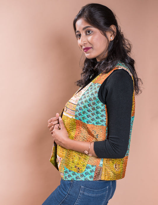 Multicolour Kantha Patch V Neck Waistcoat / Jacket