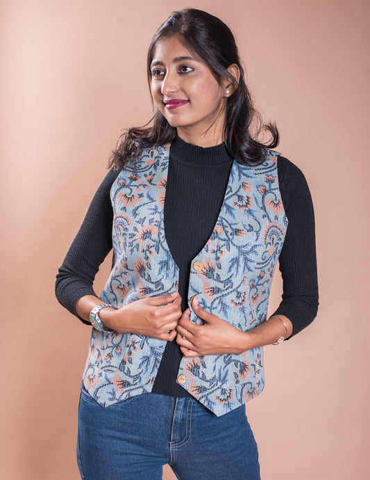 Grey Floral Kantha V Neck Waistcoat / Jacket