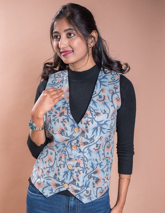 Grey Floral Kantha V Neck Waistcoat / Jacket