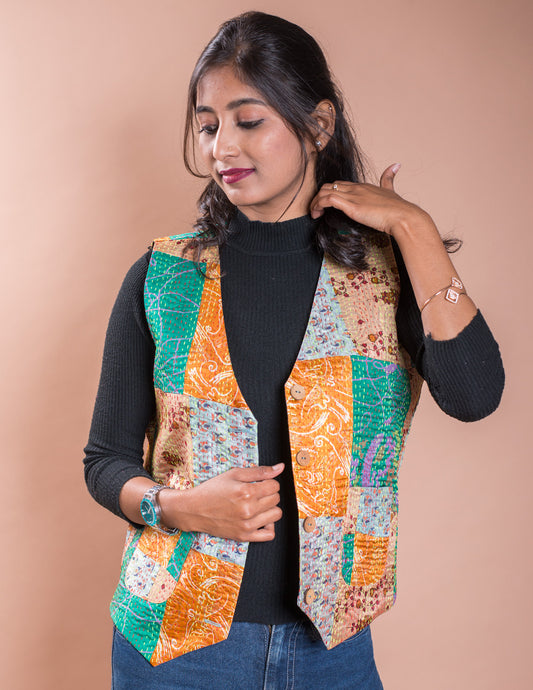 Multicolour Kantha Patch V Neck Waistcoat / Jacket