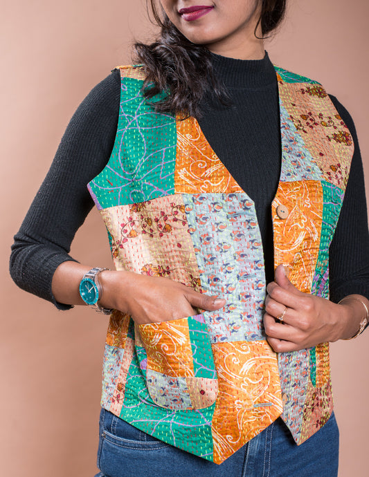 Multicolour Kantha Patch V Neck Waistcoat / Jacket