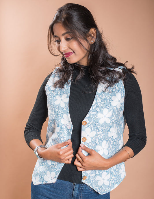 Sky Blue Floral Kantha V Neck Waistcoat / Jacket