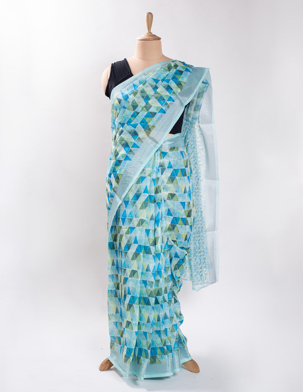 Blue Geometric Design Linen Digital Print Saree