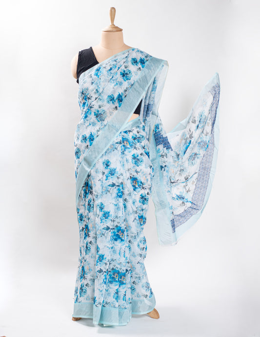 White & Blue Floral Linen Digital Print Saree