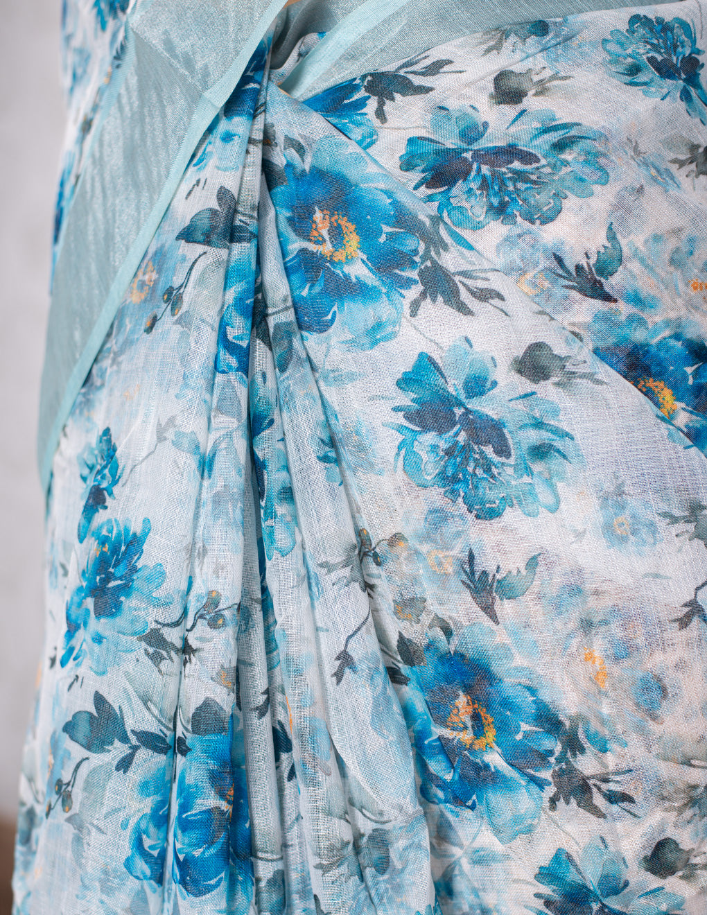 White & Blue Floral Linen Digital Print Saree