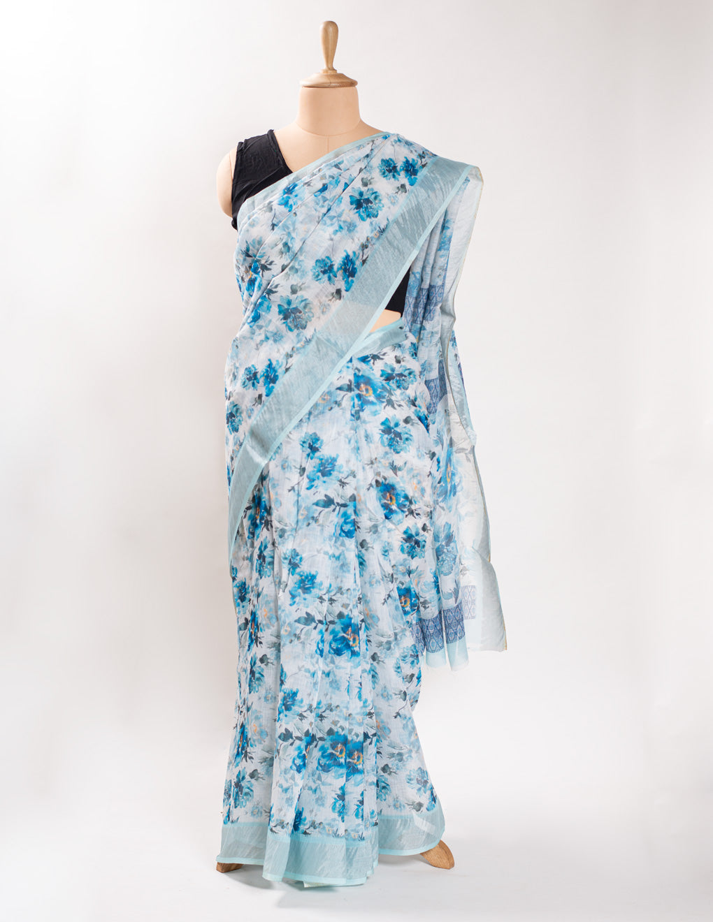 White & Blue Floral Linen Digital Print Saree