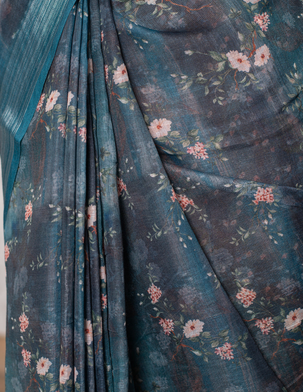 Blue Floral Linen Digital Print Saree