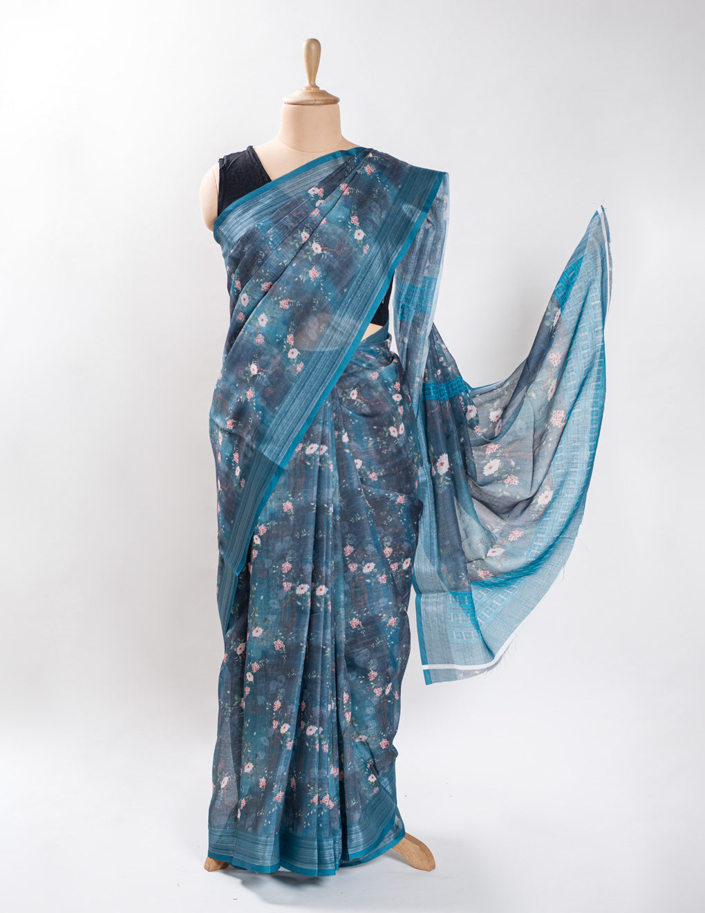 Blue Floral Linen Digital Print Saree