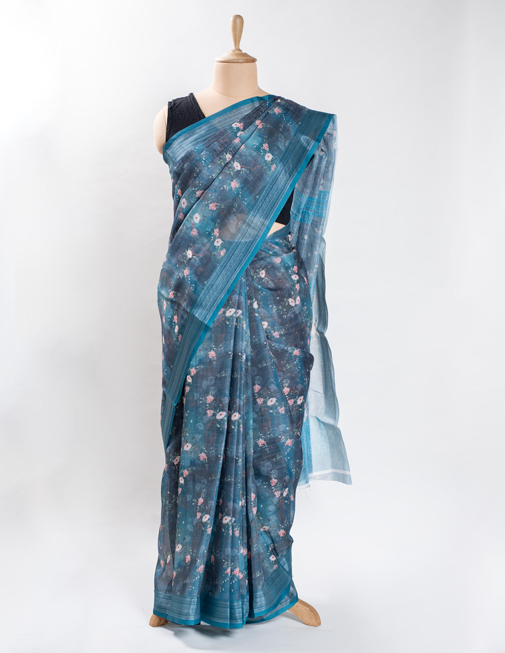 Blue Floral Linen Digital Print Saree