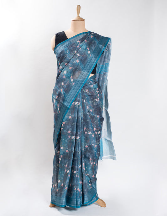 Blue Floral Linen Digital Print Saree