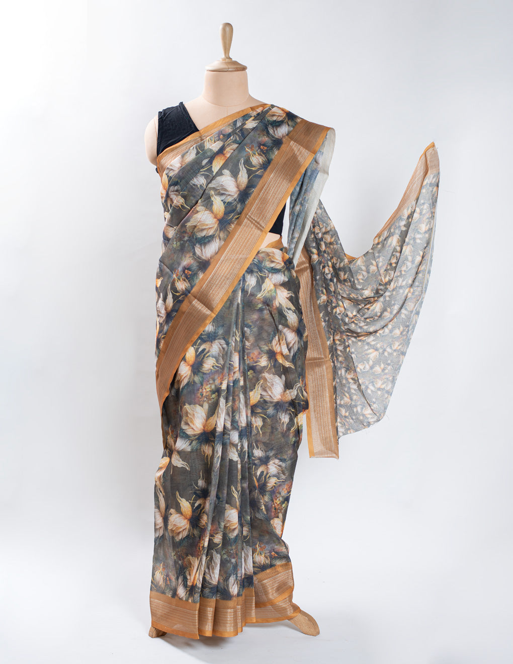 Olive Floral Linen Digital Print Saree