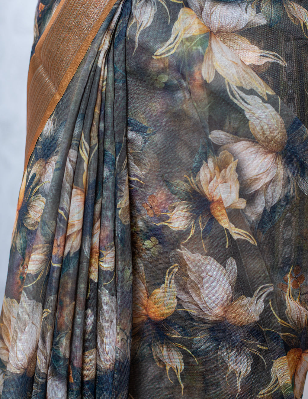 Olive Floral Linen Digital Print Saree